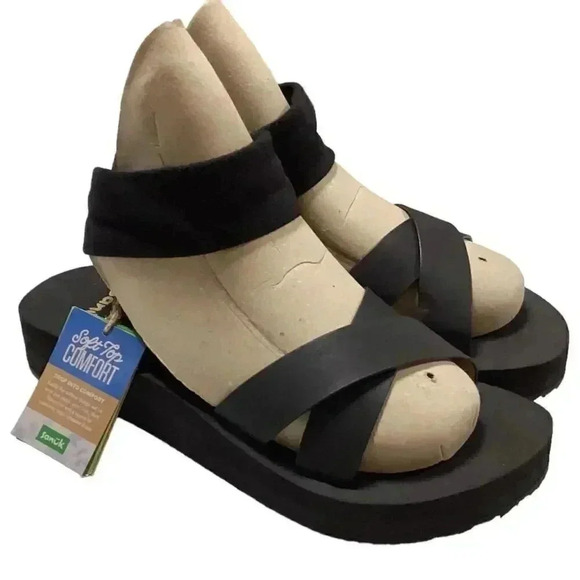 Sanuk Highland Sling ST Soft Top Womens 9 Black Platform Sandals Slip On NEW - Picture 1 of 12